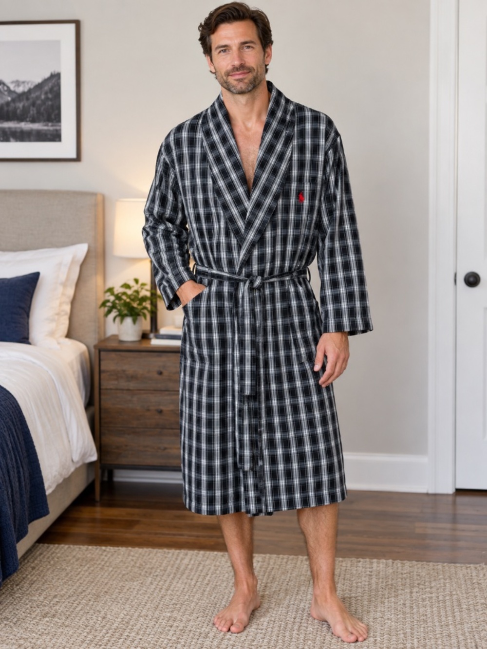 Polo Ralph Lauren Men’s L/XL Black White Plaid Cotton Robe Red Pony Belted